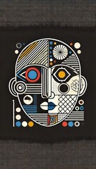 A striking abstract design features a stylized face composed of geometric shapes and vivid colors, set against a dark backdrop. The artwork showcases intricate patterns and symmetrical elements
