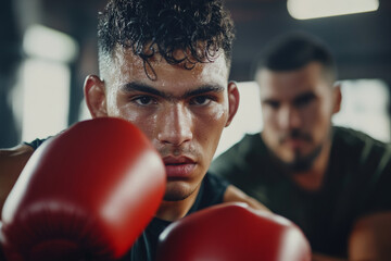 Young Hispanic sportsman, his focus sharp, throwing powerful punches at pads held by his coach in a vibrant gym. The coach shouts motivating words, pushing him to give his best in every movement.