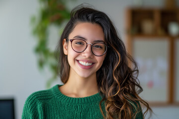 Obraz premium A woman with long brown hair and glasses is smiling