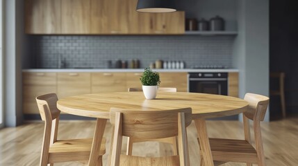 Modern minimalist wooden kitchen interior with a clean table and chairs, showcasing simplicity and elegance in design.