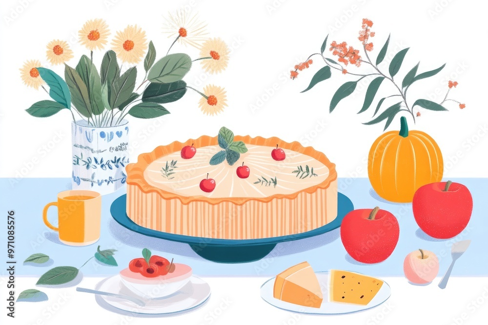 Wall mural autumn pie illustration with pumpkin and apple elements