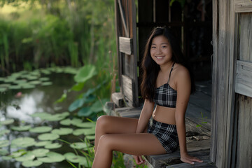 A young woman is sitting on a wooden platform near a pond