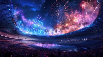 Spectacular fireworks light up the stadium during a vibrant night celebration showcasing athletics and crowd excitement. Generative AI