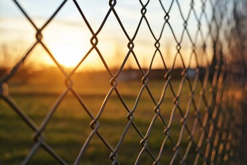 Fototapeta premium A close-up of a chain-link fence with the sun setting in the background, creating a serene outdoor atmosphere.