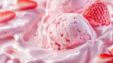 Mouthwatering close-up of strawberry ice cream in its melted form, perfect for dessert-themed visuals.