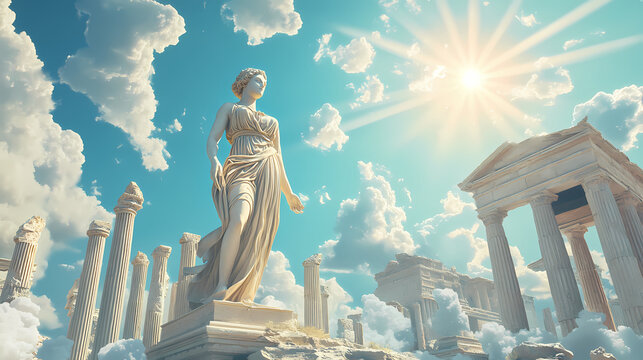 Ancient greek civilization, ancient greek temple ruins with female goddess statue with clouds and sun ray. generative ai. Ancient Greece. Illustration