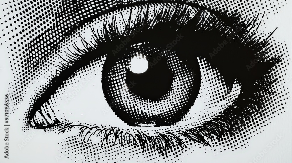 Poster An artistic depiction of an eye features sharp lines and a unique dot pattern, highlighting the lashes and iris with a striking black and white contrast that draws attention