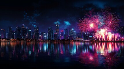Vibrant City Skyline at Night with Colorful New Year's Eve Fireworks Exploding in the Sky