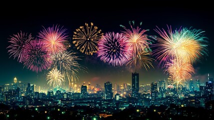 Obraz premium Vibrant City Skyline at Night with Colorful New Year's Eve Fireworks Exploding in the Sky