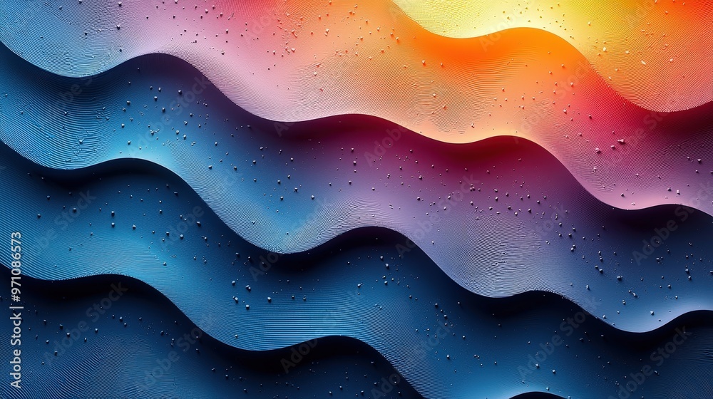 Aufkleber Waves of vibrant colors blend together, featuring deep blues transitioning to warm oranges, with water droplets enhancing the captivating texture, creating a striking visual appeal