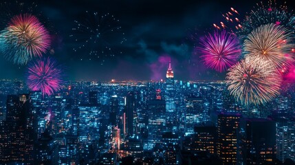 Vibrant City Skyline at Night with Colorful New Year's Eve Fireworks Exploding in the Sky