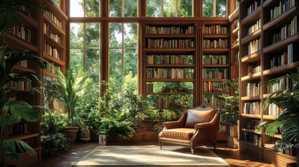 Fototapeta premium Opulent library with wooden shelves and a large armchair, framed by natural light from expansive windows with greenery outside.