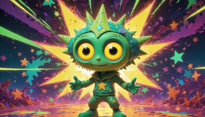 Obraz premium D Cartoon Character with Spiky Green Hair Standing in a Starry Landscape