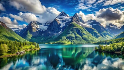 Majestic snow-capped Norwegian Himalaya mountain peaks rise above serene turquoise lake, surrounded by lush green forest, under a bright blue sky with scattered clouds.