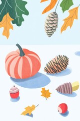 Autumn coloring page featuring pumpkins cones acorns and leaves with a flat design