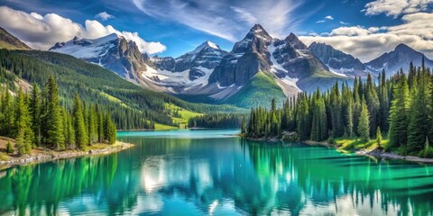 Majestic snow-capped peaks rise above a serene turquoise lake, surrounded by lush green forests and majestic evergreen trees, in a breathtaking alpine landscape.