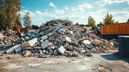 Piled up concrete debris and construction waste in a site, emphasizing demolition and reconstruction activities