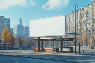Obraz premium Blank billboard at the bus stand in the city 3D illustration Big blank billboard white LED screen with generative ai