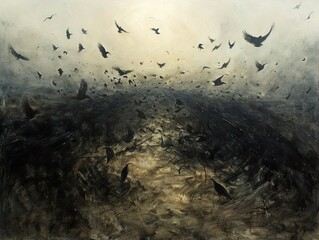 Flock of Birds in Flight: A Dark and Dramatic Painting