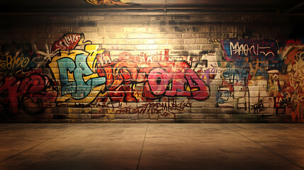 A cement wall which has plenty of colorful graffiti style art texts on the surface of the wall, displaying in an empty room with some bright light. generative ai. Graffiti Art. Illustration