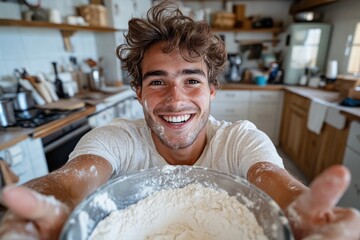 A joyful young man with flour on his face, holding a bowl of flour in a warm, rustic kitchen, conveying happiness and the joy of baking together.