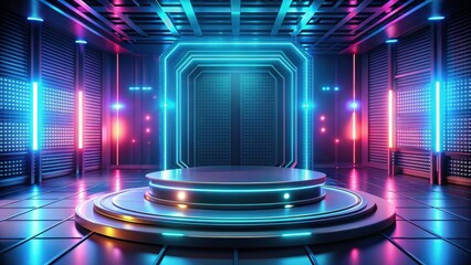 Futuristic cyberpunk gaming technology display podium with abstract background ,  rendering, gamer, sci-fi, stage