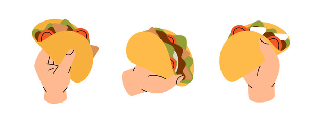 Hands hold beef tacos. Traditional Mexican street fast food. Vector illustration.