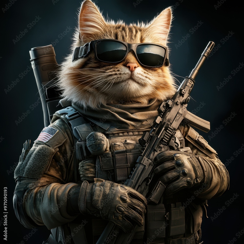 Wall mural Military Cat with Sunglasses and Rifle