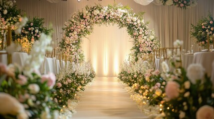 Fototapeta premium Romantic wedding decorations with a floral archway, elegant table settings, and soft lighting for a dreamy ceremony