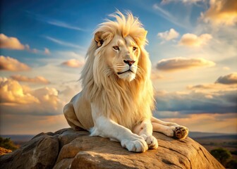 Majestic white lion with a regal mane and piercing gaze sits proudly on a rocky outcropping in a sun-drenched savannah landscape.