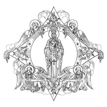 saint surrounded by angels, black and white clip art preview