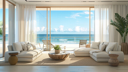 Naklejka premium Elegant coastal modern living room with panoramic ocean vistas, breezy drapes, and sandy tones, visualized in 3D.