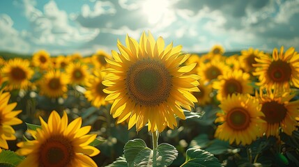 Obraz premium sunflower field in the summer A field of sunflowers tracks the time-lapse effect of the sun.