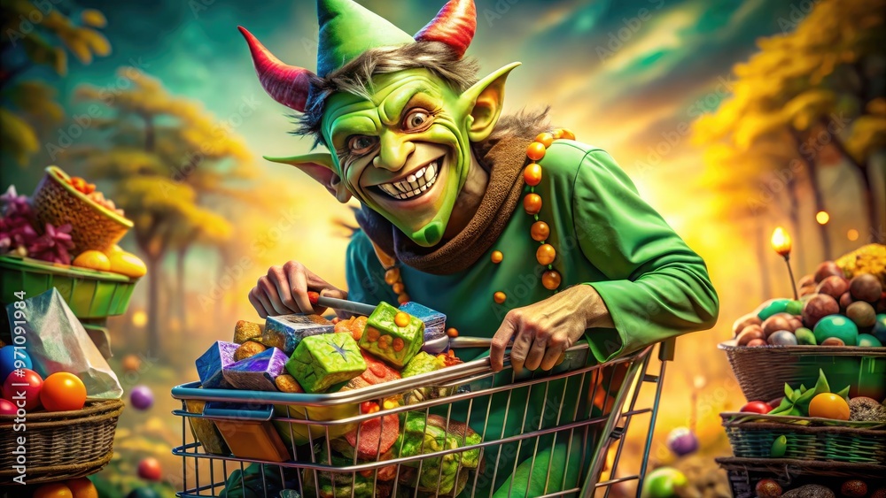 Wall mural mischievous green goblin with pointed ears and wicked grin pushes overflowing shopping cart filled w