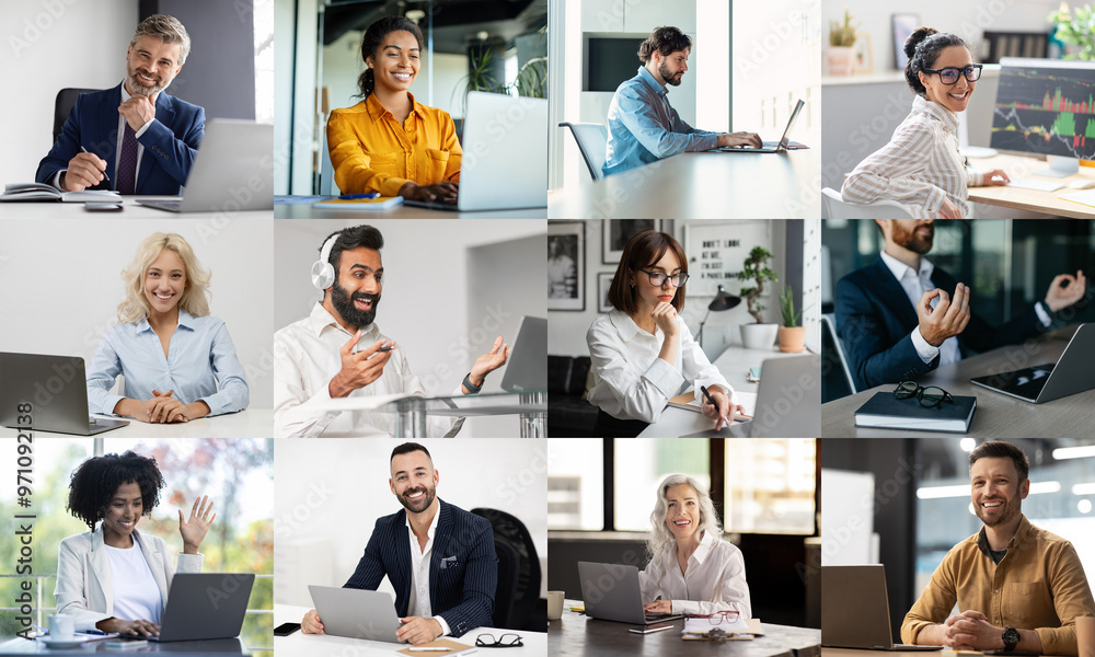 Poster a diverse array of professionals is shown working in a contemporary office environment, participatin