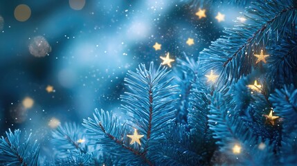 Sparkling blue pine needles adorned with glowing stars create an enchanting Christmas background, perfect for festive holiday scenes.