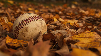 Baseball in Autumn Leaves - A baseball rests in a bed of fallen autumn leaves, symbolizing the end...