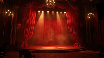Stage with opulent red curtains and spotlight, setting the scene for a glamorous and captivating performance