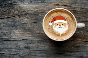 Cappuccino with a santa claus on a wooden background. Cup of latte coffee with Santa Claus shape art on foam, top view. with generative ai