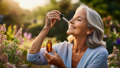 Obraz premium A middle-aged woman sitting in a serene garden, taking herbal oil drops from a small bottle