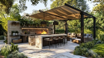 Obraz premium A lavish outdoor patio with bar, fire pit, and lush greenery features modern furniture and an open bar counter shaded by umbrellas.