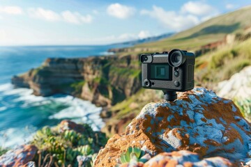 High quality camera is recording a beautiful ocean scene with cliffs and waves