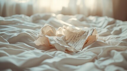 Torn love letter on an empty bed, heartbreak, emotional aftermath of love