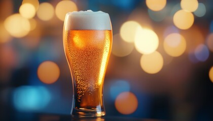 Golden Beer on Blurred Background with Foam on Top