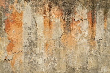 A grunge wall texture in burnt sienna, with peeling paint, rust streaks, and a rough, cracked surface.