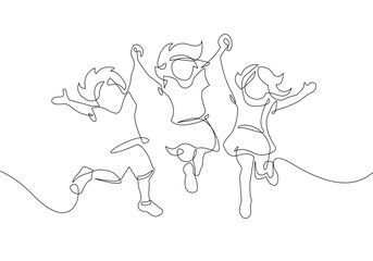 Happy Children Jumping Continuous One Line Drawing. Kids Players Abstract Minimal Line Art Drawing. Vector Linear Illustration. Modern Trendy Contour Drawing