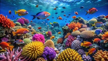 Fototapeta premium Beautiful coral reef with colorful fish swimming in the clear waters of the Red Sea, coral reef, fish, underwater