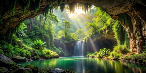 Majestic cave hidden within a lush jungle , Adventure, exploration, mystery, nature, greenery, darkness, cavern, tropical
