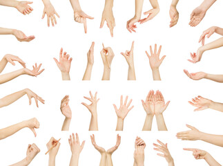 Fototapeta premium White man hands showing symbols and gestures, like, offering isolated on white background. Set of male hands.