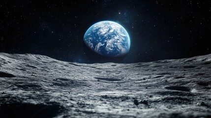 The breathtaking Earthrise as seen from the moon, with the dark space surrounding the blue planet and the lunar surface in detail.
